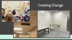 Pictures of a restroom being renovated to include an adult size changing table.